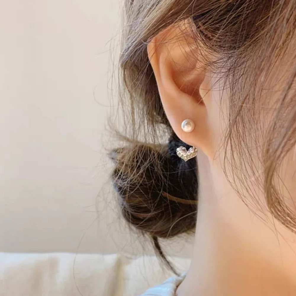 Pearl & Crystal Heart Earrings Dainty Romantic Everyday Style